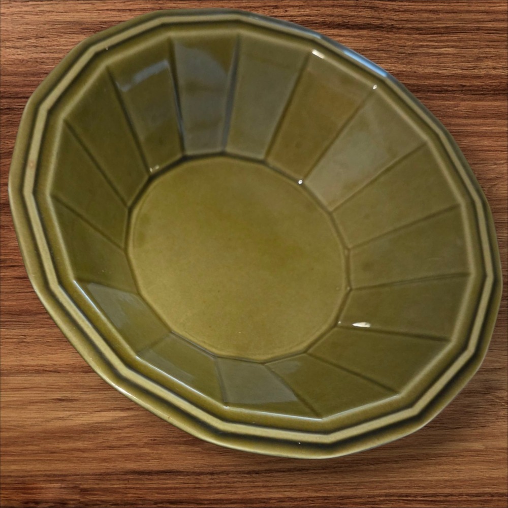 Vintage Olive Green Octagon Ribbed Stoneware‎ Serving Bowl 9" Mid Century  Mod